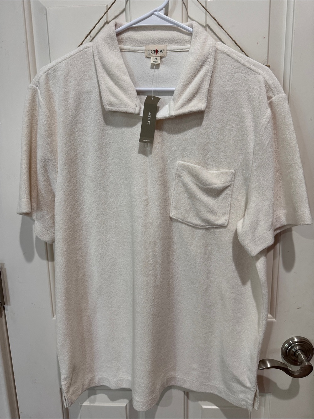 J. Crew Men’s Cream Short-Sleeve Terry Polo with Chest Pocket
